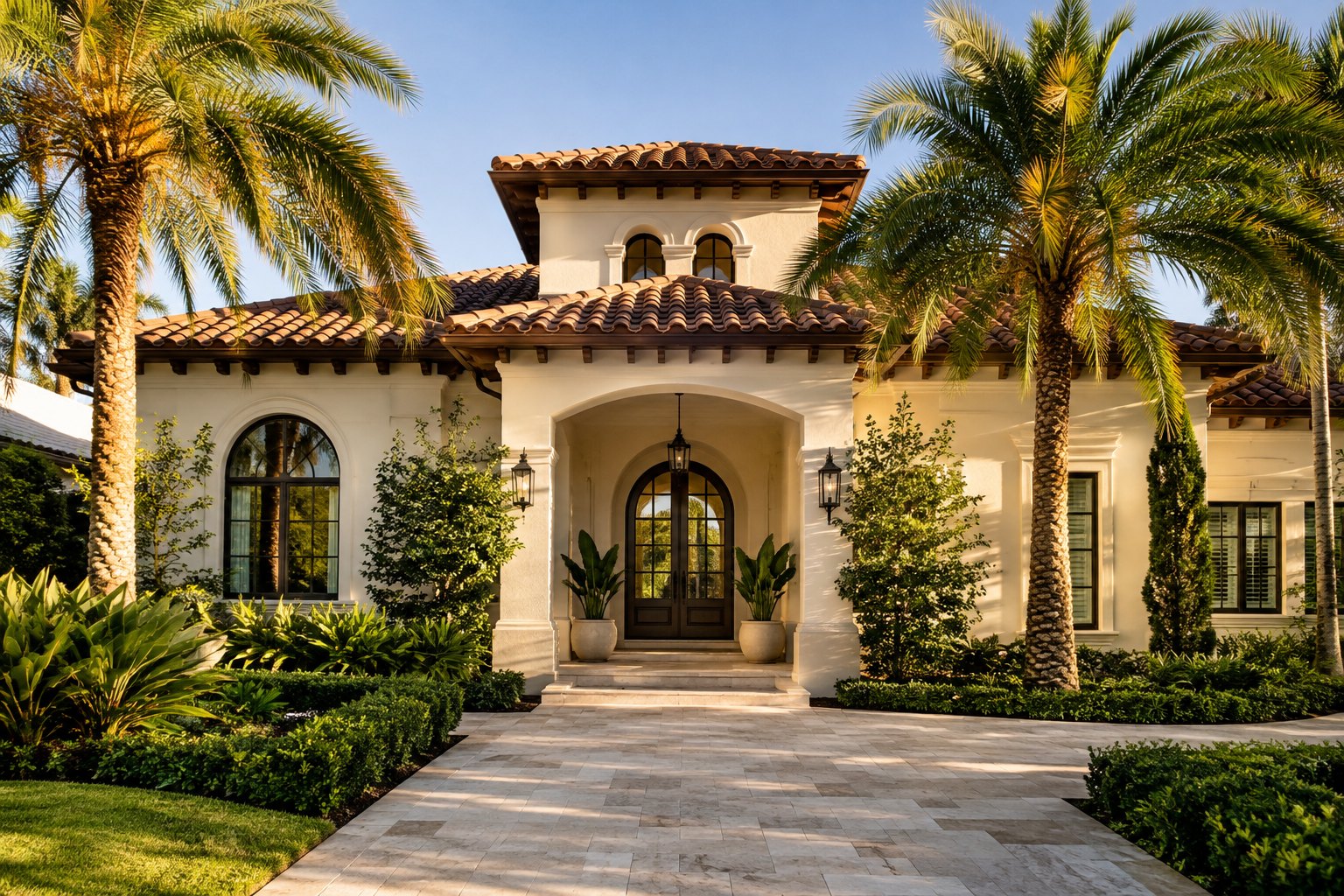 A Florida home with palms and a covered entry, illustrative
