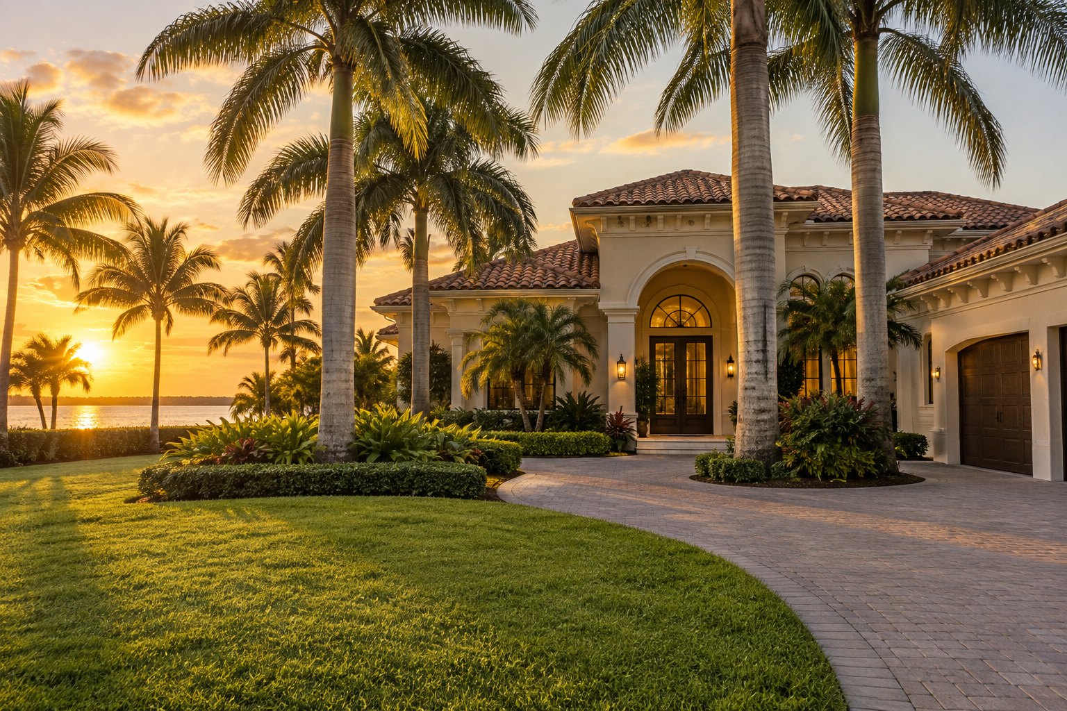 A Florida coastal home with palms and a tiled roof, illustrative