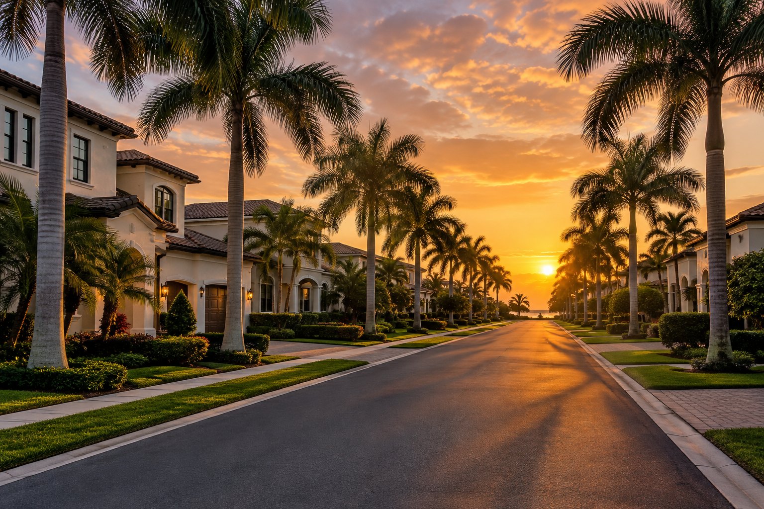 A palm lined residential street at sunset in Florida, illustrative