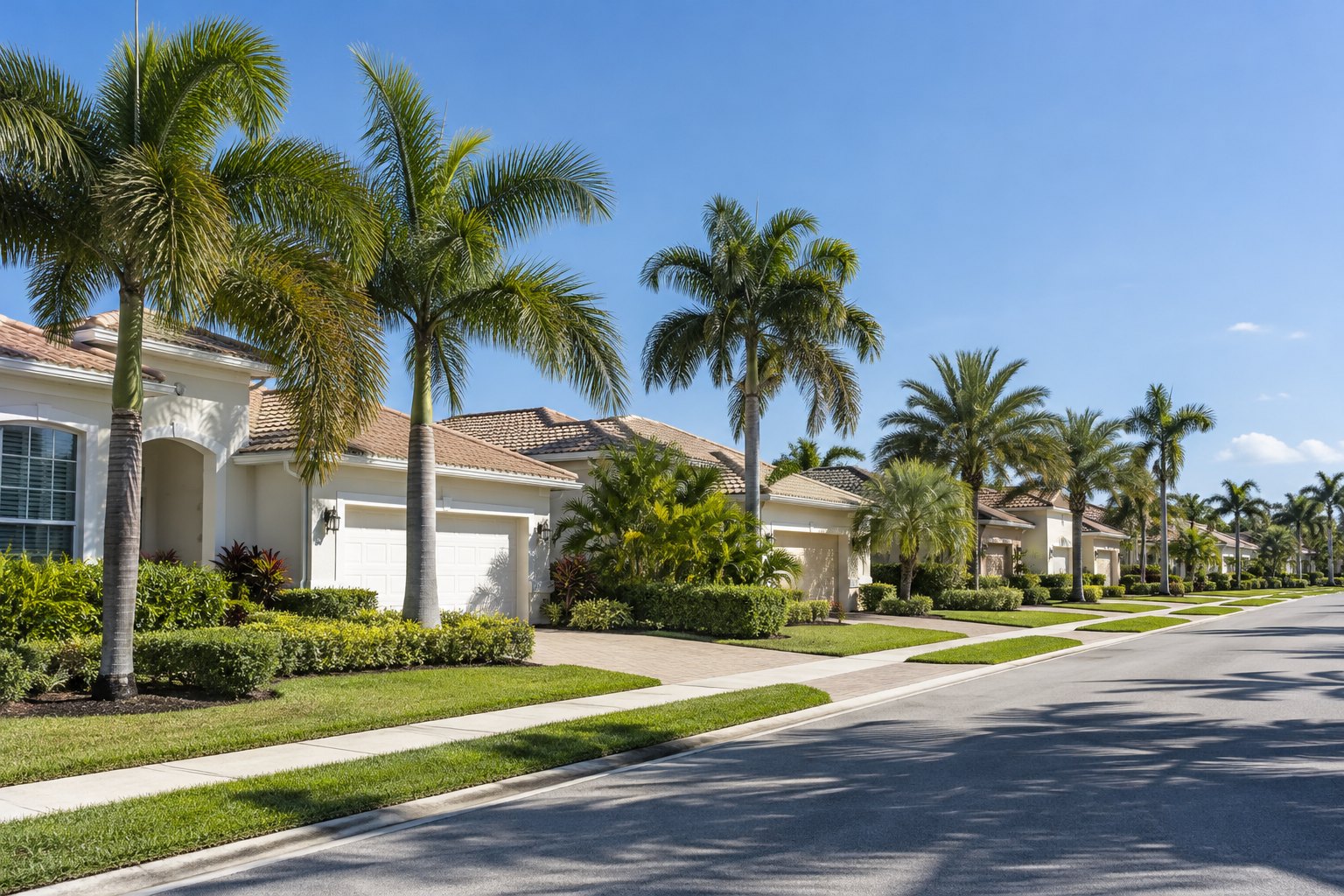 Homes along a palm lined Florida street, illustrative