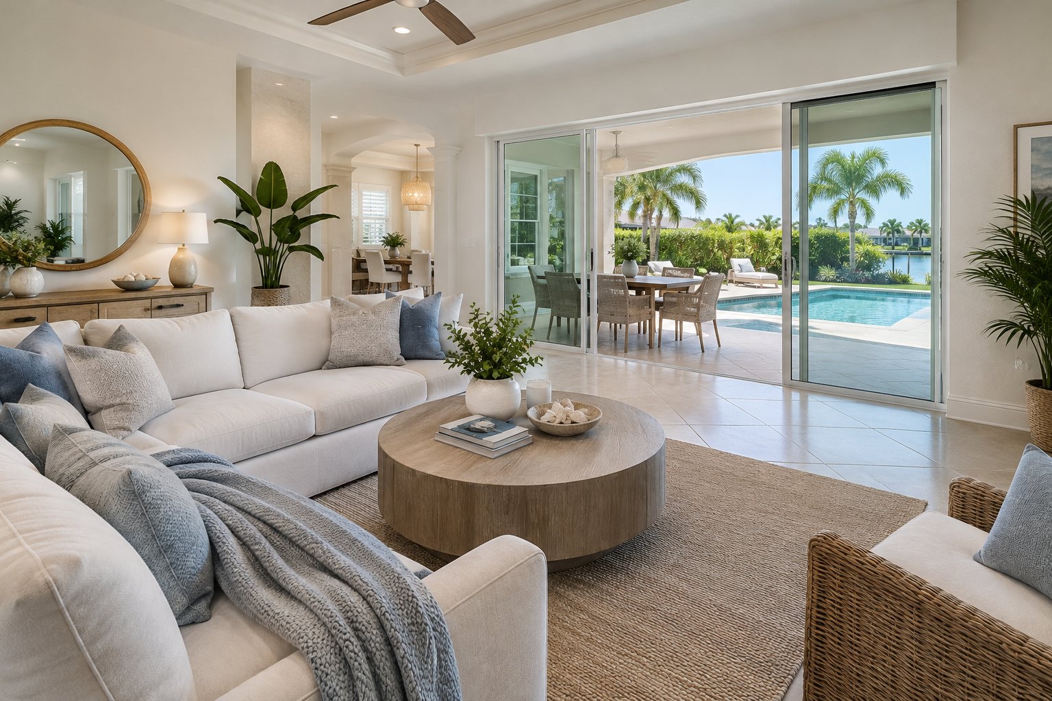 A cozy sunlit Florida family room, illustrative